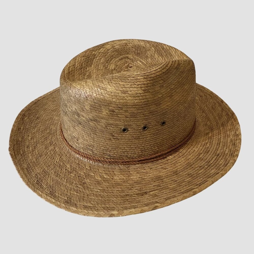 Vintage Sahuayo Mexican Palm Straw Hat Wide Brim Ventilated Crown Sun Beach - Picture 4 of 11